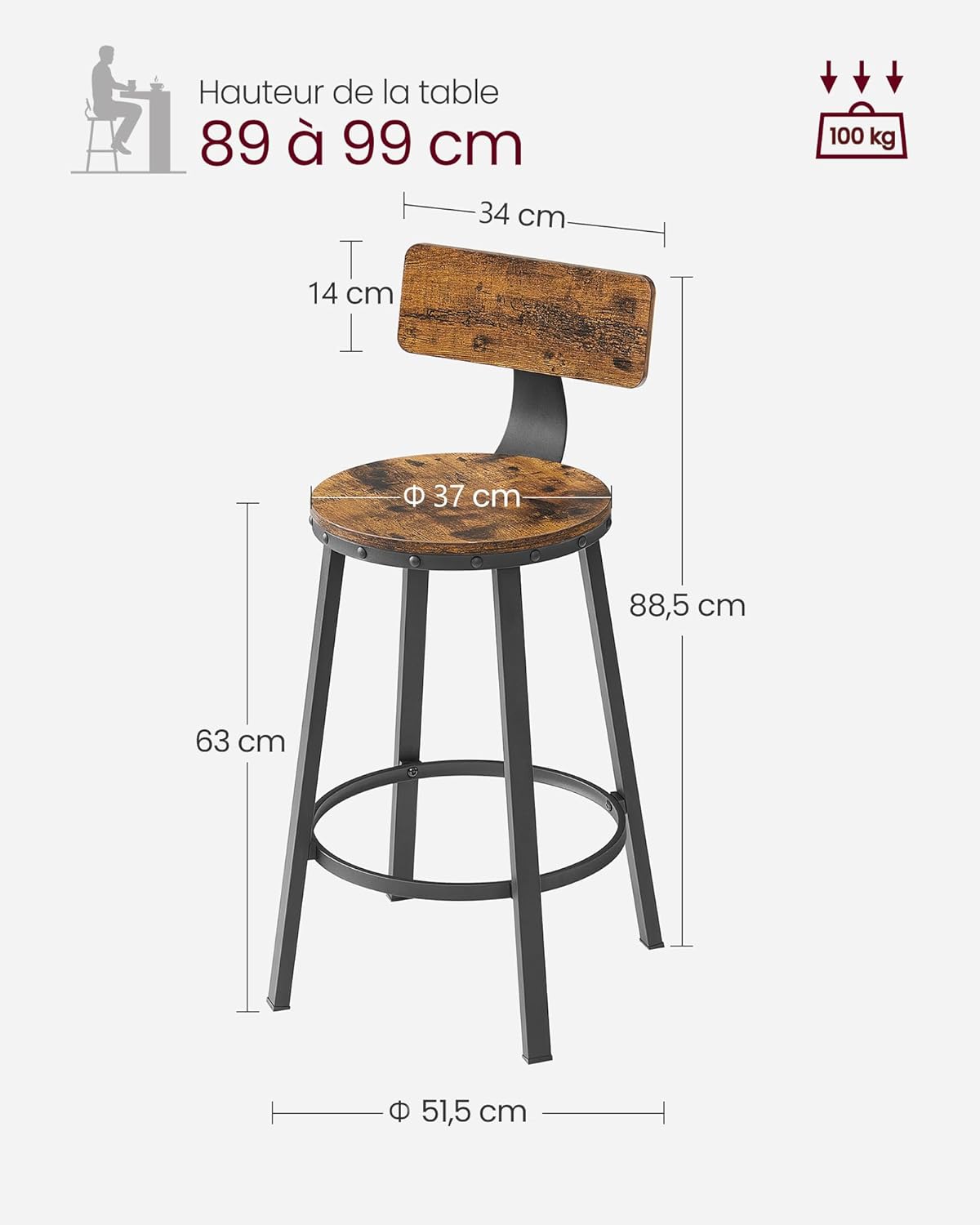 Thumbnail 2 de VASAGLE Tabouret Bar Industriel Lot de 2 – Siège 62,5 cm, cadre acier, bois marron rustique