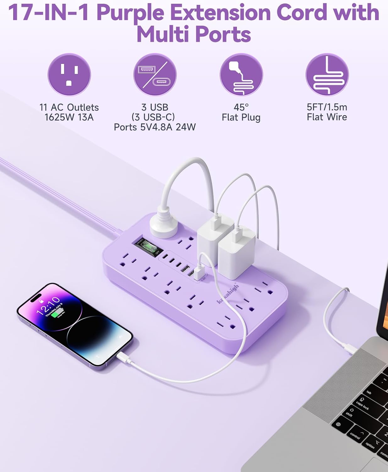 Thumbnail 2 de kakahigh 808 Purple Power Strip, 11 Outlets, 6 USB Ports, 5 ft Cord