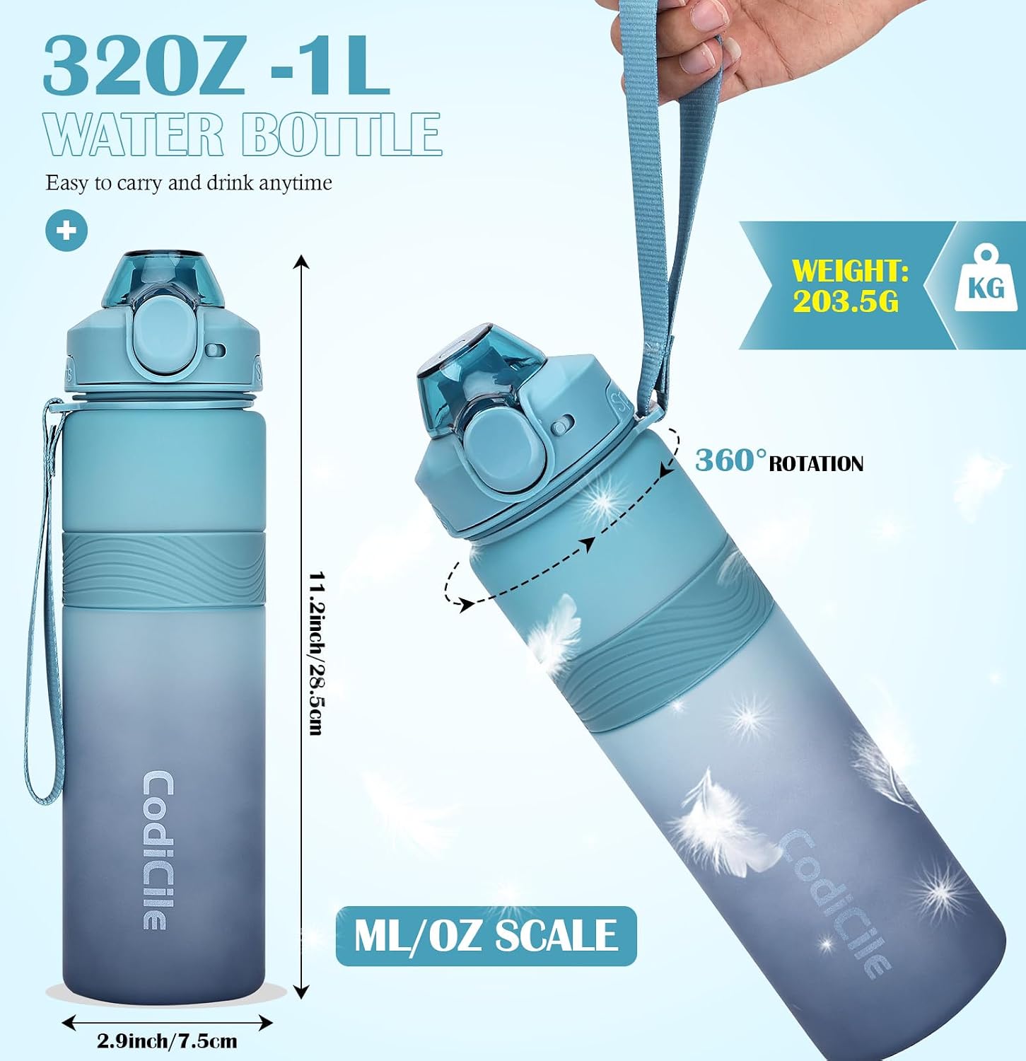 Detalle de CodiCile Water Bottle 1L – BPA Free, Leak-Proof, Light Dark Blue