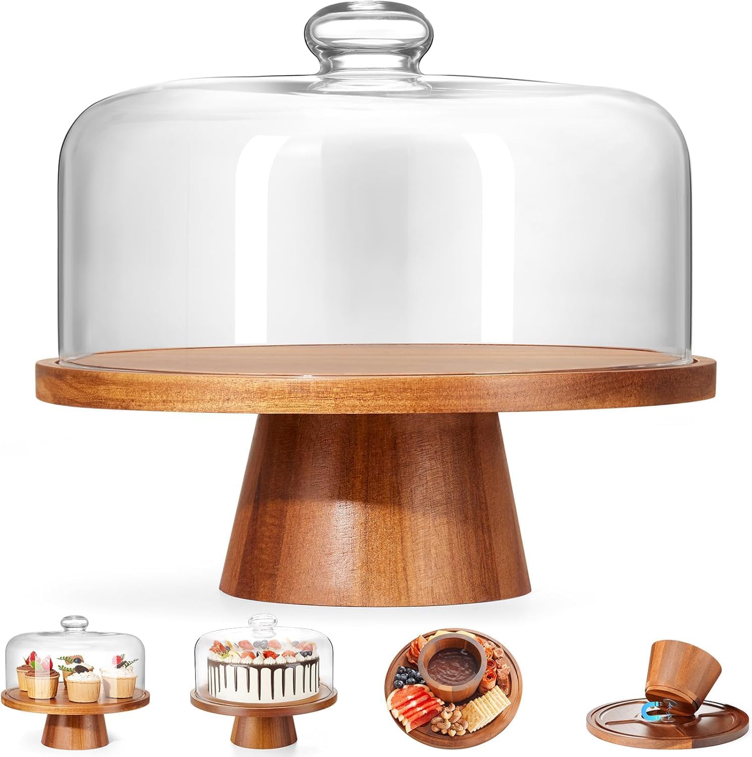 VIVIRBIEN Wooden Cake Stand with Lid (Acacia) with Glass Dome, 11-Inch Dessert Stand with Magnetic Pedestal