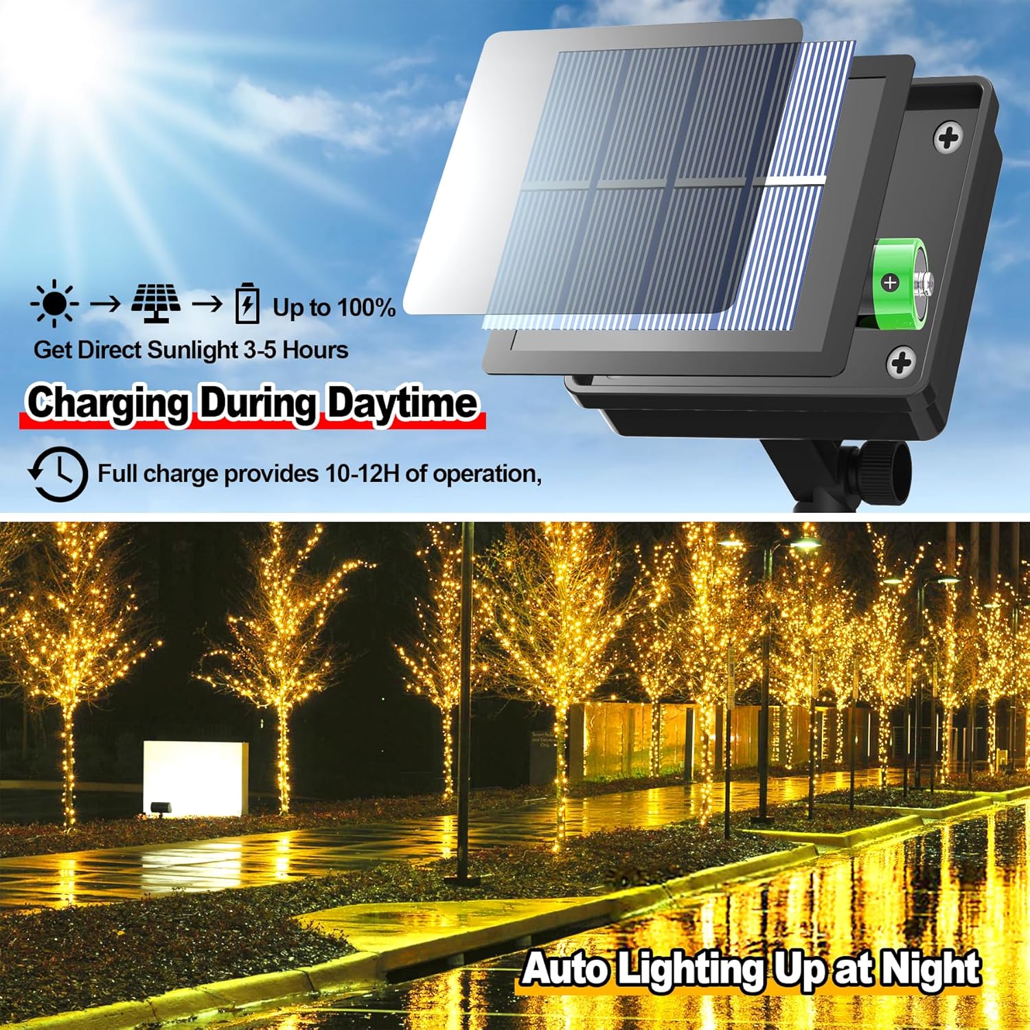 Thumbnail 1 de 120LED Solar Fairy Lights (2 Packs, 12M) with 8 Modes, IP65 Waterproof Solar Garden String Lights – Warm White