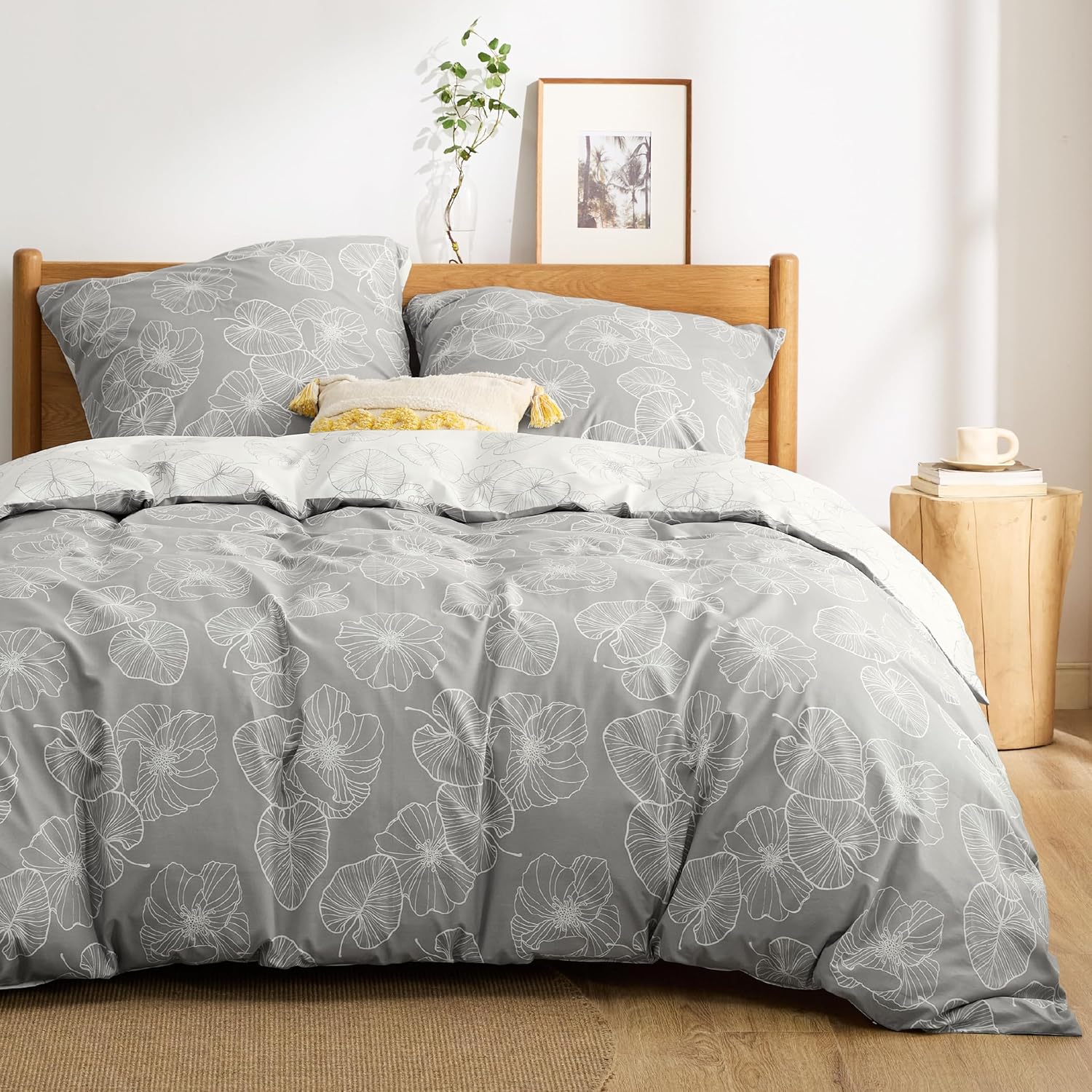 Thumbnail 1 de BEDSURE Bettwäsche 155x220 aus Baumwolle (3-teilig) mit Reißverschluss – Grau, Öko‑Tex, Ginkgo-Muster