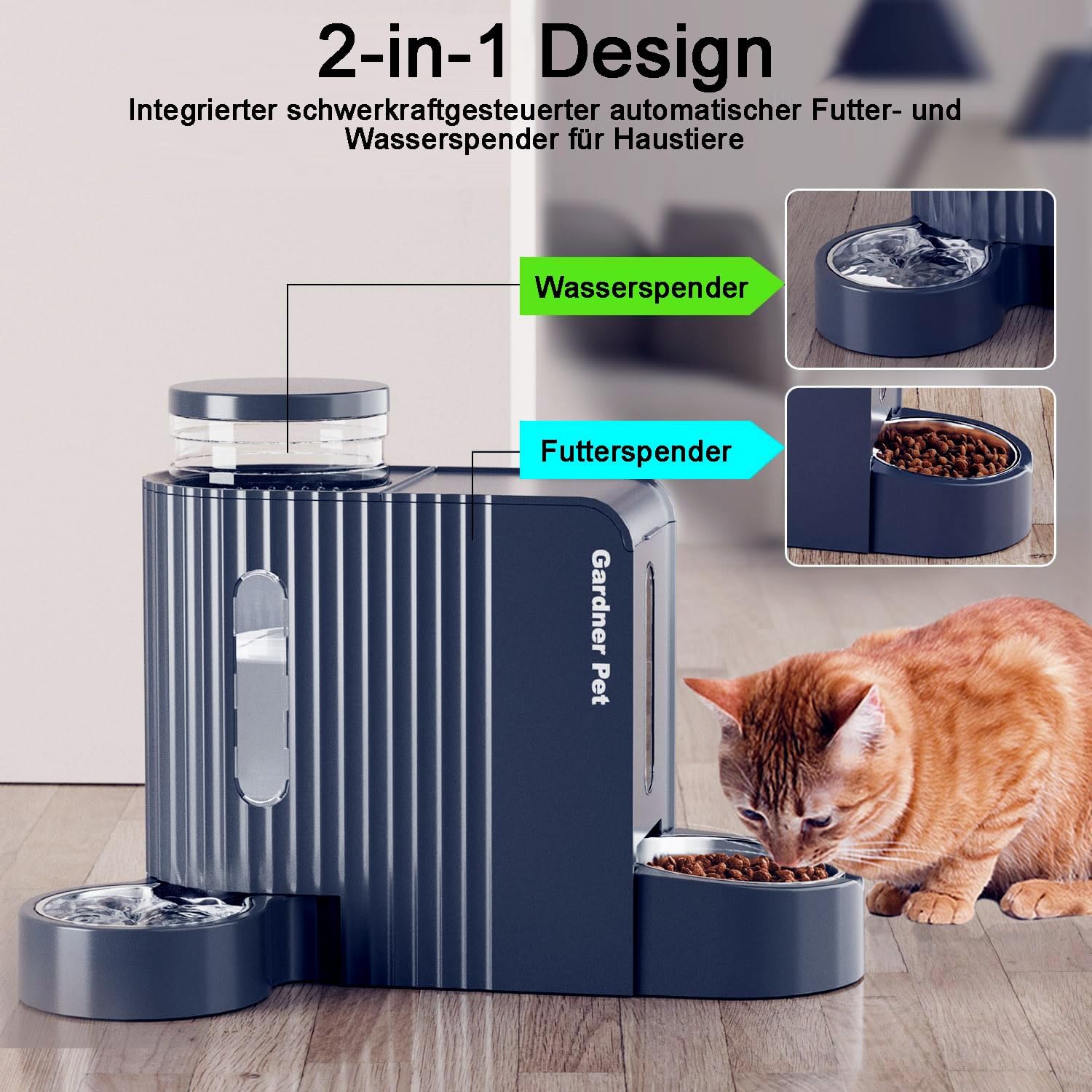 Detalle de Gardner Pet Automatischer Futterspender Katzen/Hunde, 2 Edelstahlnäpfe 6L*2 – Nicht elektrisch, BPA-frei, blau