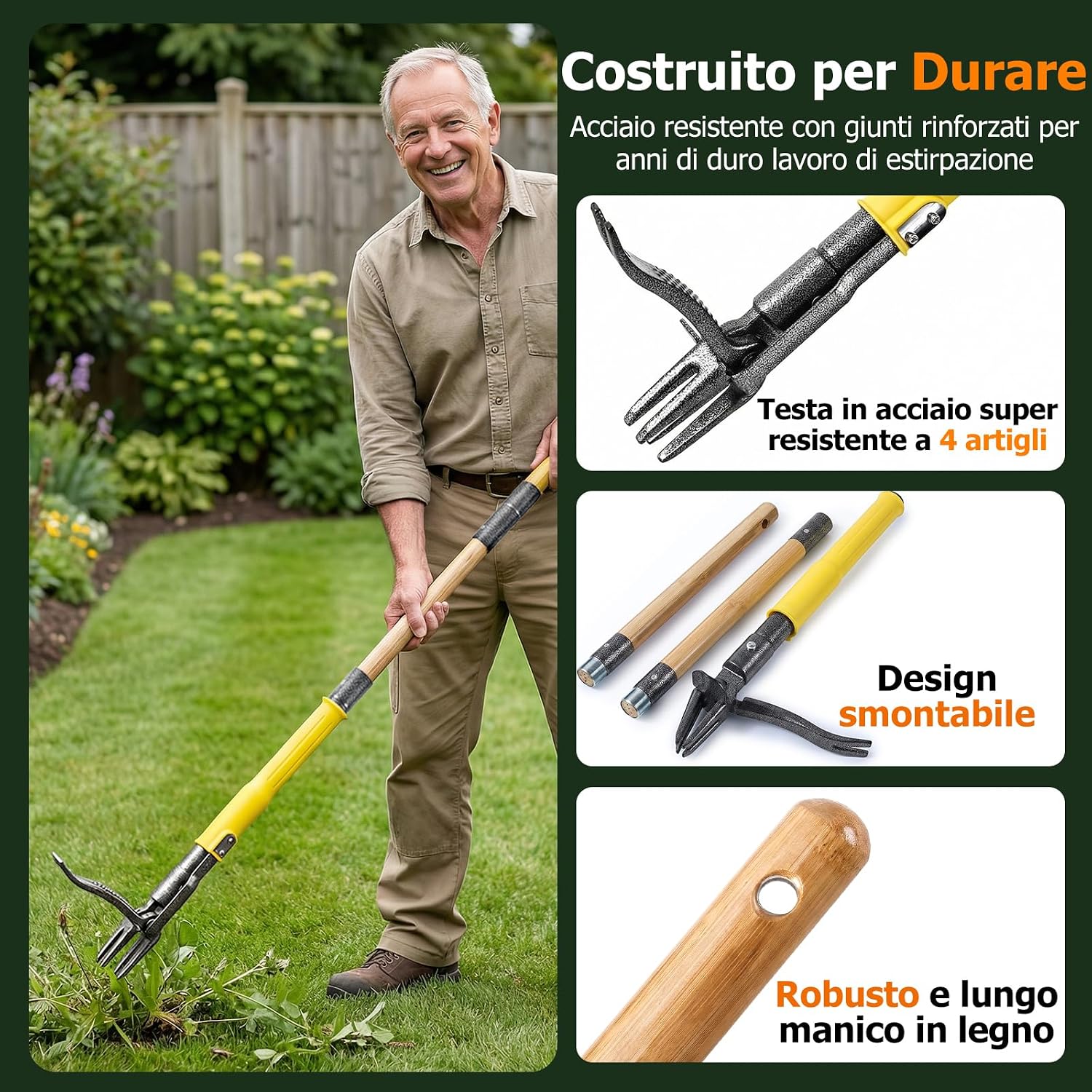 Detalle de Estirpatore per Erbacce e Denti di Leone, 109 cm, con 4 Artigli in Acciaio e Sistema di Espulsione a Scorrimento