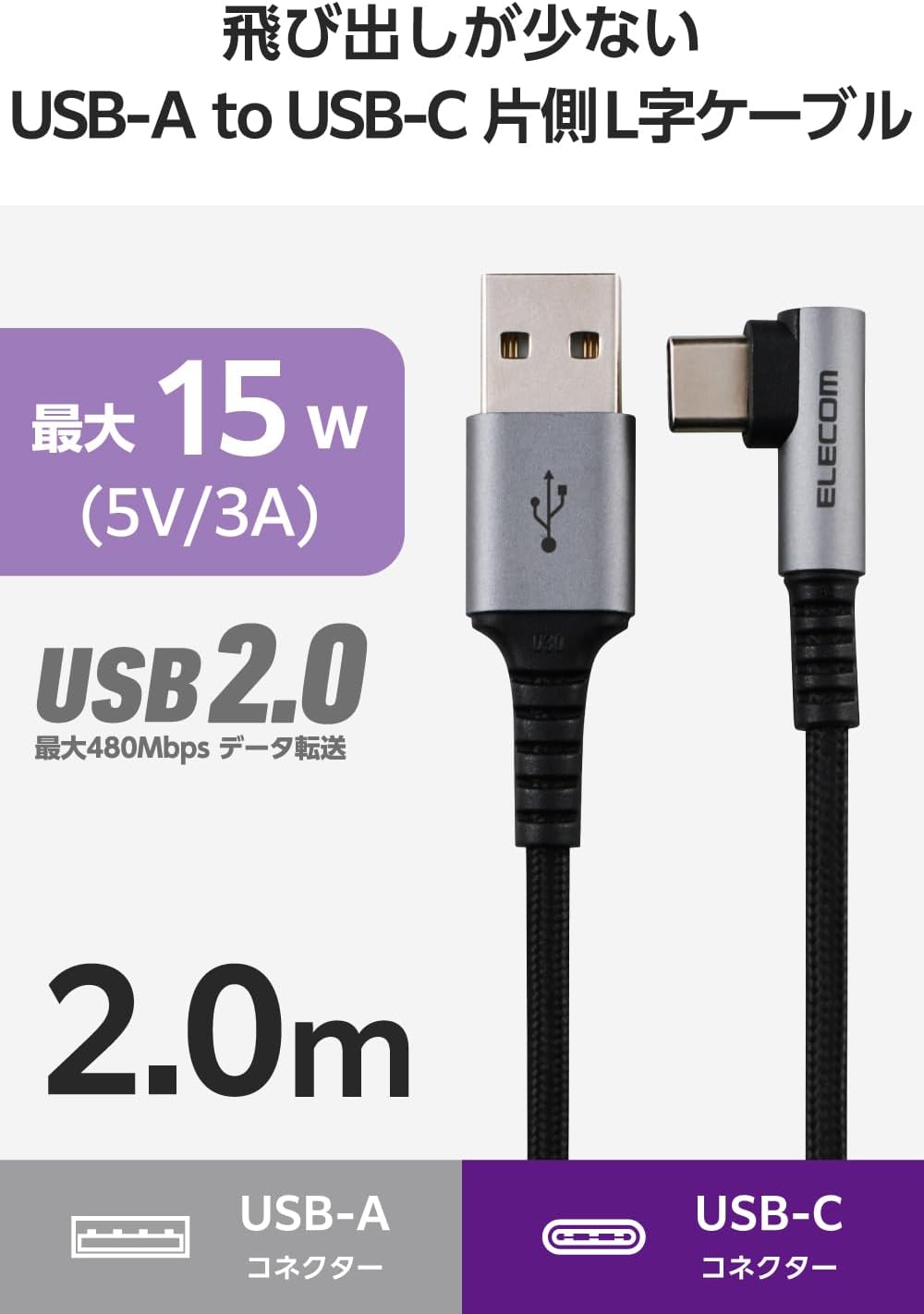 Thumbnail 1 de エレコム MPA-ACECL20BK USB Type-Cケーブル 2m・L字・ナイロンメッシュ