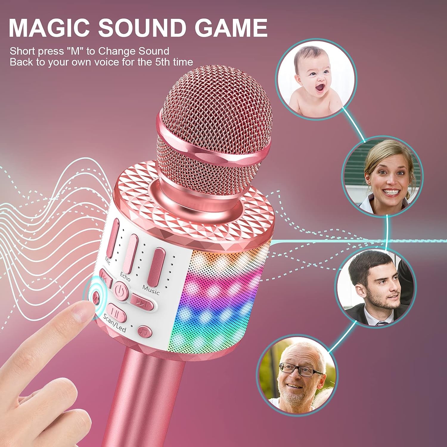 Detalle de Karaoke Mikrofon mit LED – Bluetooth Mikrofon mit Lautsprecher, tragbares KTV-System für Kinder und Familie