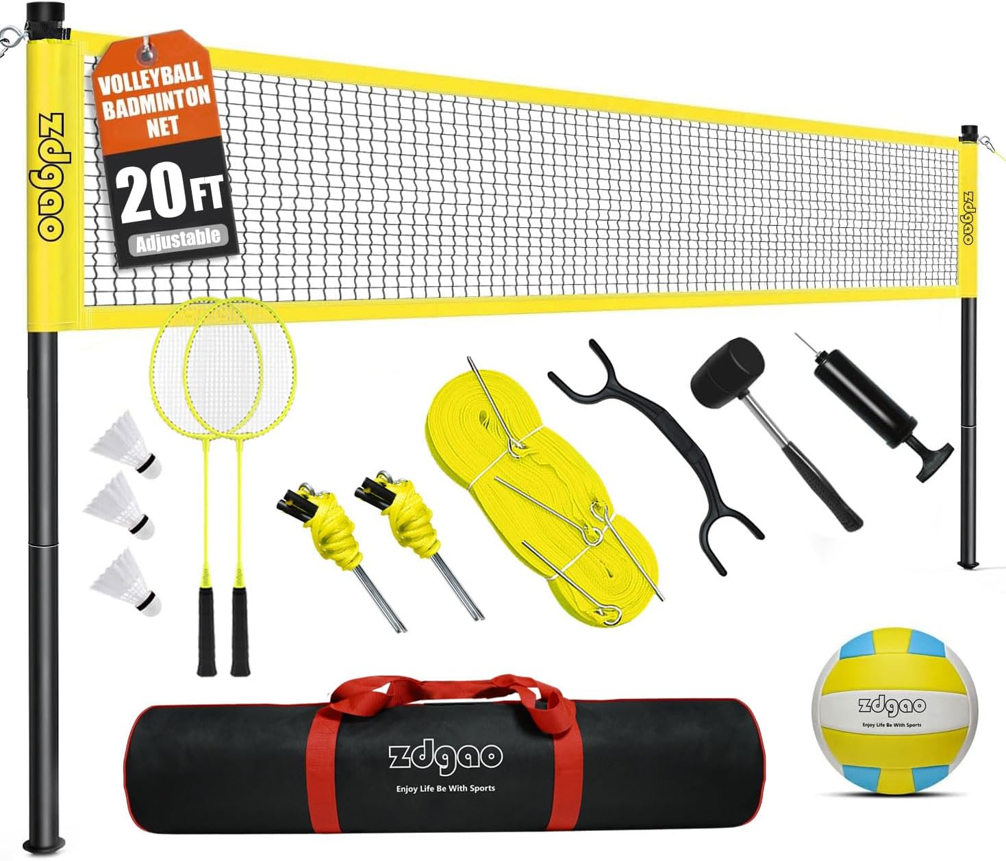 Thumbnail 6 de Zdgao Volleyball and Badminton Combo Set for Backyard — 20FT/32FT Net, Adjustable Poles, 6-Piece Steel Frame, Includes Balls, Rackets, Shuttlecocks, Boundary Line & Carry Bag