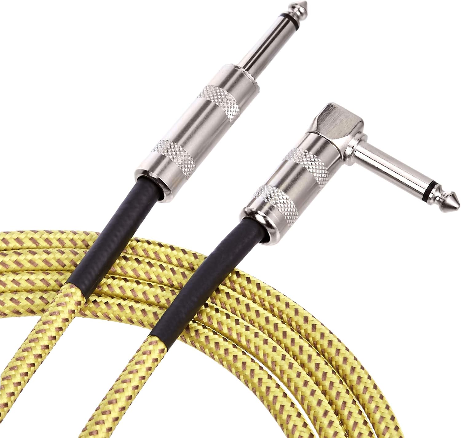 Detalle 2 de Amazon Basics 1/4 inch (6.35 mm) Noiseless Straight-to-Right-Angle Instrument Cable, Tweed Braided Cloth Jacket, 10 ft/3 m