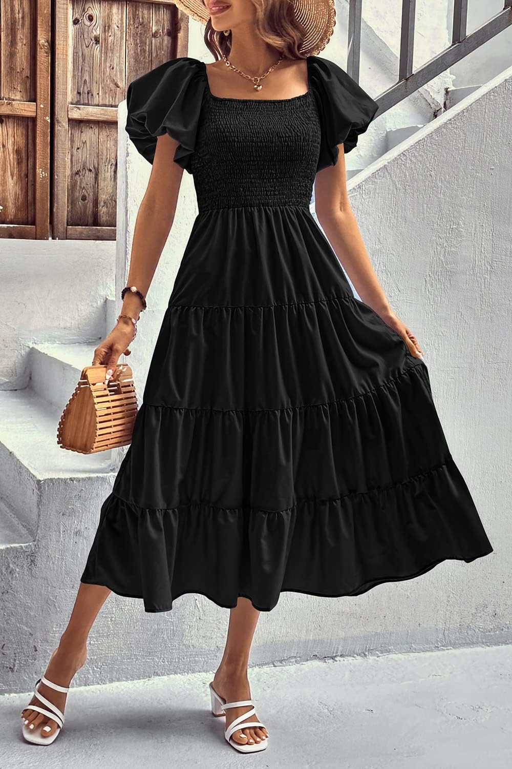 Thumbnail 6 de PRETTYGARDEN Women's Casual Summer Midi Dress: Puff Sleeve, Square Neck, and Tiered Ruffle Charm