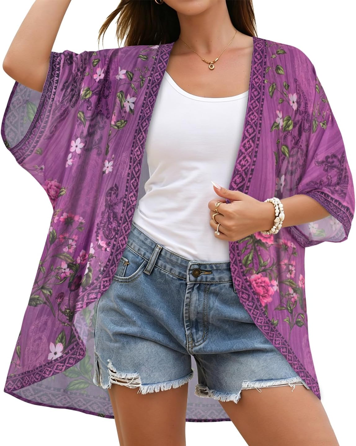 Detalle 2 de CHICALLURE Floral Chiffon Kimono Cardigan, Sheer Open-Front Cover-Up