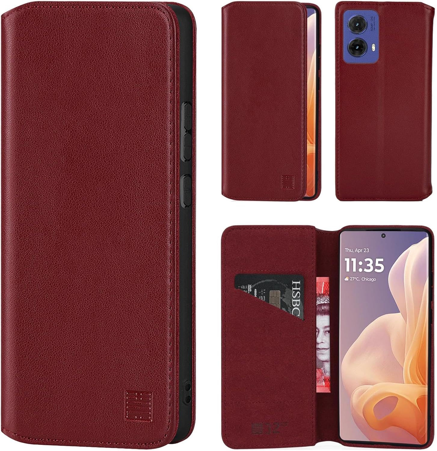 Thumbnail 1 de 32nd Classic Series 2.0 Real Leather Book Wallet Flip Case for Motorola Moto G85 – Burgundy