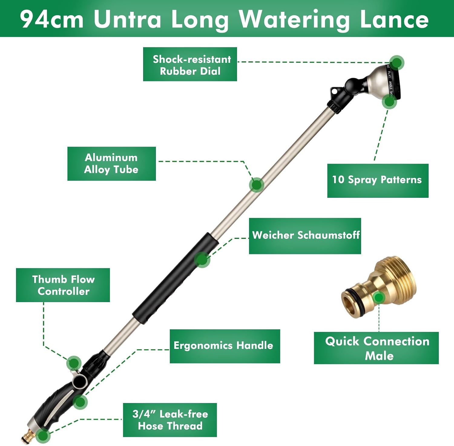 Detalle 2 de RESTMO Watering Lance Heavy Duty 94cm: 10‑Pattern Hose Wand with 180° Adjustable Head