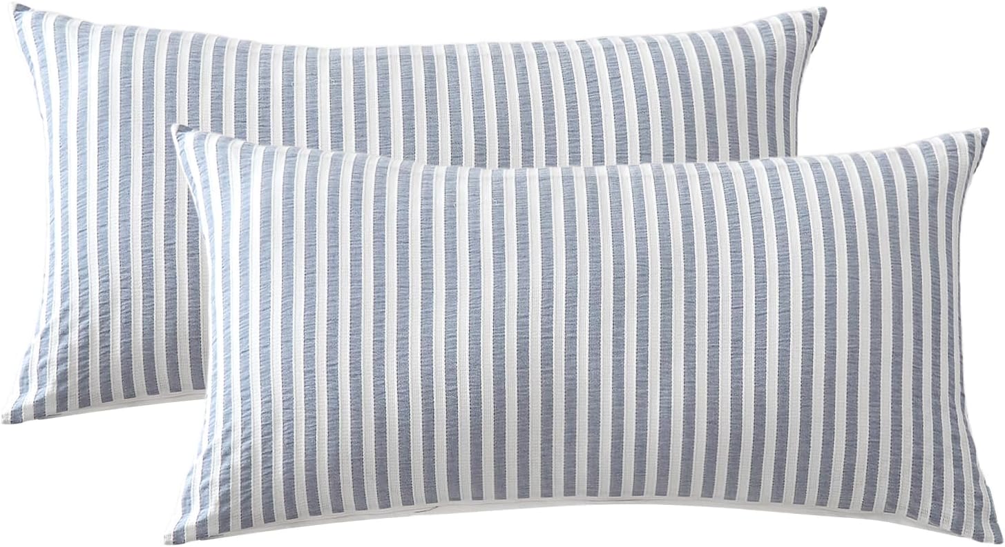 Detalle de SOULFUL Kissenbezüge 40x80 aus Baumwolle – gestreift, Jacquard, Denim Blau