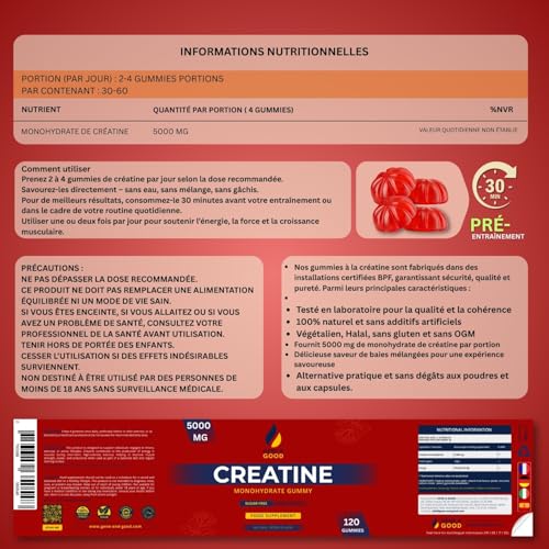 Detalle de Gene & Good Créatine Monohydrate 5000 mg – 120 Gummies Véganes & Halal, Arôme Baies