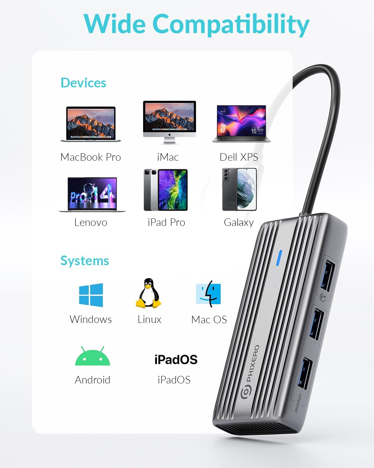 Detalle de PHIXERO USB-C Hub Multiport Adapter: 5-in-1 mit 4K HDMI, 60 W PD und USB 3.0