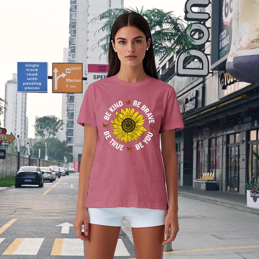 Detalle 2 de Qskall Women’s Sunflower Print “Be Kind” T-shirt – soft loose-fit inspirational tee