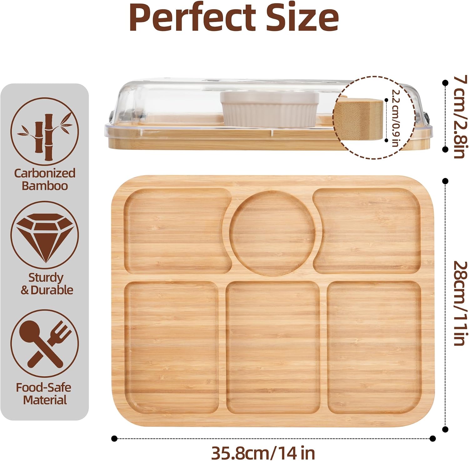 Detalle de WILLKOMMEN Rectangular Bamboo Charcuterie Board with Locking Lid, 6 Sections