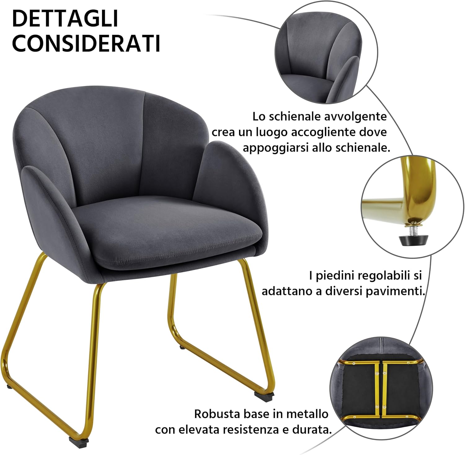 Thumbnail 4 de Yaheetech Poltroncina imbottita in velluto con schienale circolare e braccioli, grigio scuro (portata 136 kg)