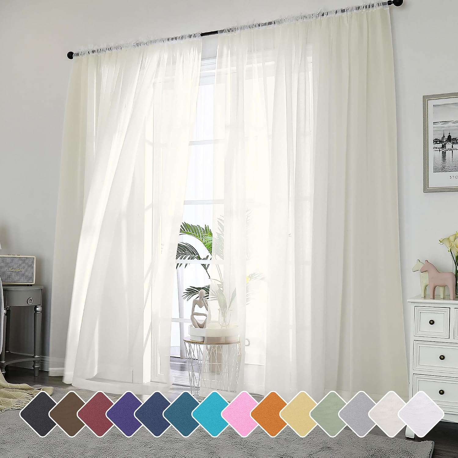Detalle de Chyhomenyc Ivory Sheer Curtains (96 Inch Length) — 2 Panels Set, Light-Filtering Voile
