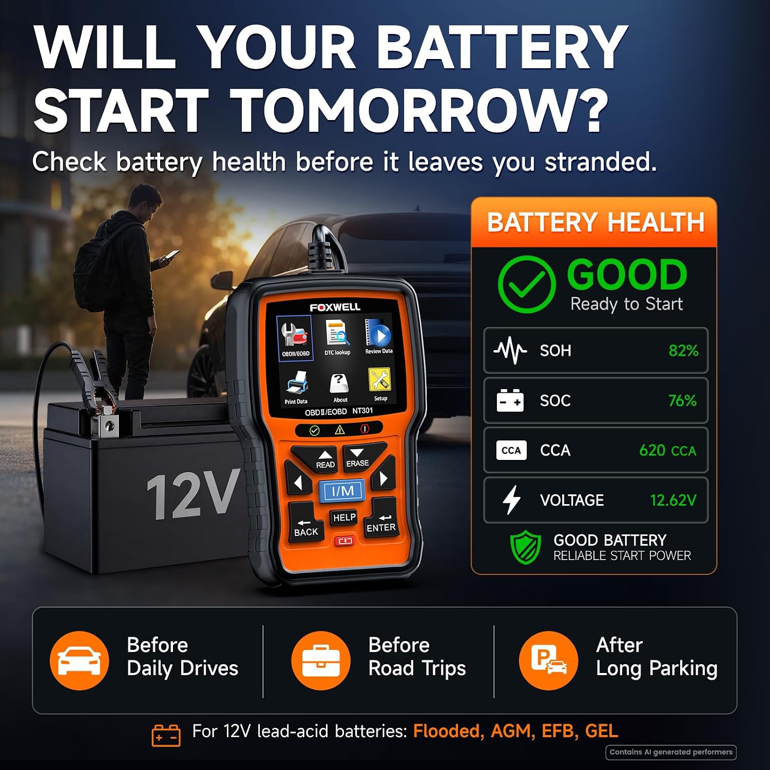 Detalle 2 de FOXWELL OBD2 scanner and 12V battery tester