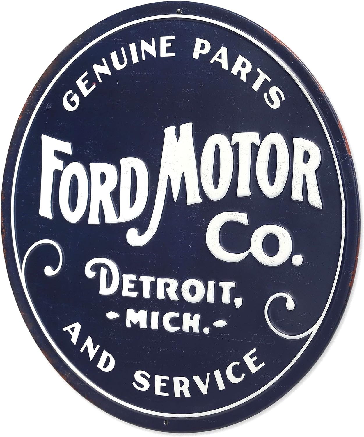 Detalle de Open Road Brands 90187898-S – okrągły metalowy znak Ford, granatowo-biały vintage