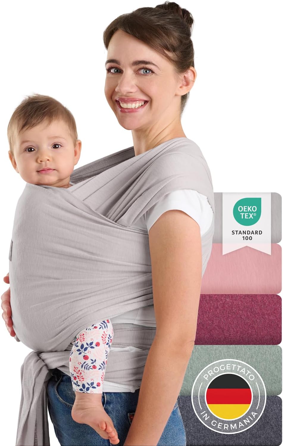 Laleni Fascia Porta Bebè Neonato in cotone elastico morbido OEKO-TEX, lunga 5,10 m, fino a 15 kg (grigio chiaro)