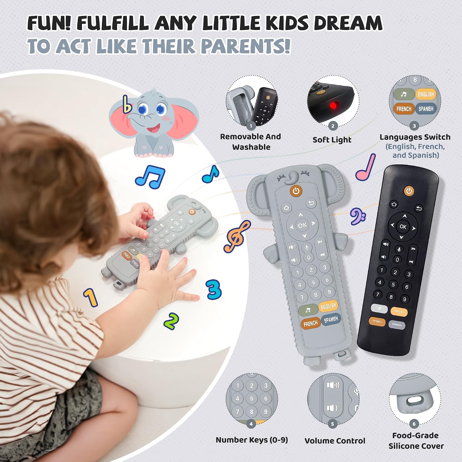Detalle 2 de Baby remote control toy with silicone teether cover — musical learning in 3 languages (English, Spanish & French) for 6–18 months