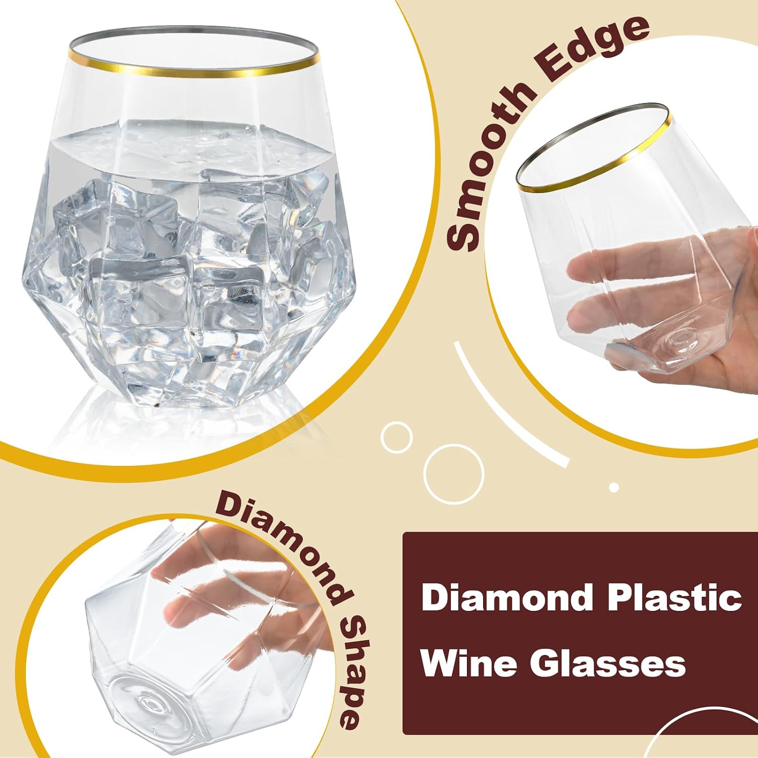 Detalle de Goodluck 80 PCS Diamond Stemless Plastic Wine Glasses, 12 Oz, Gold Rim Disposable Cups