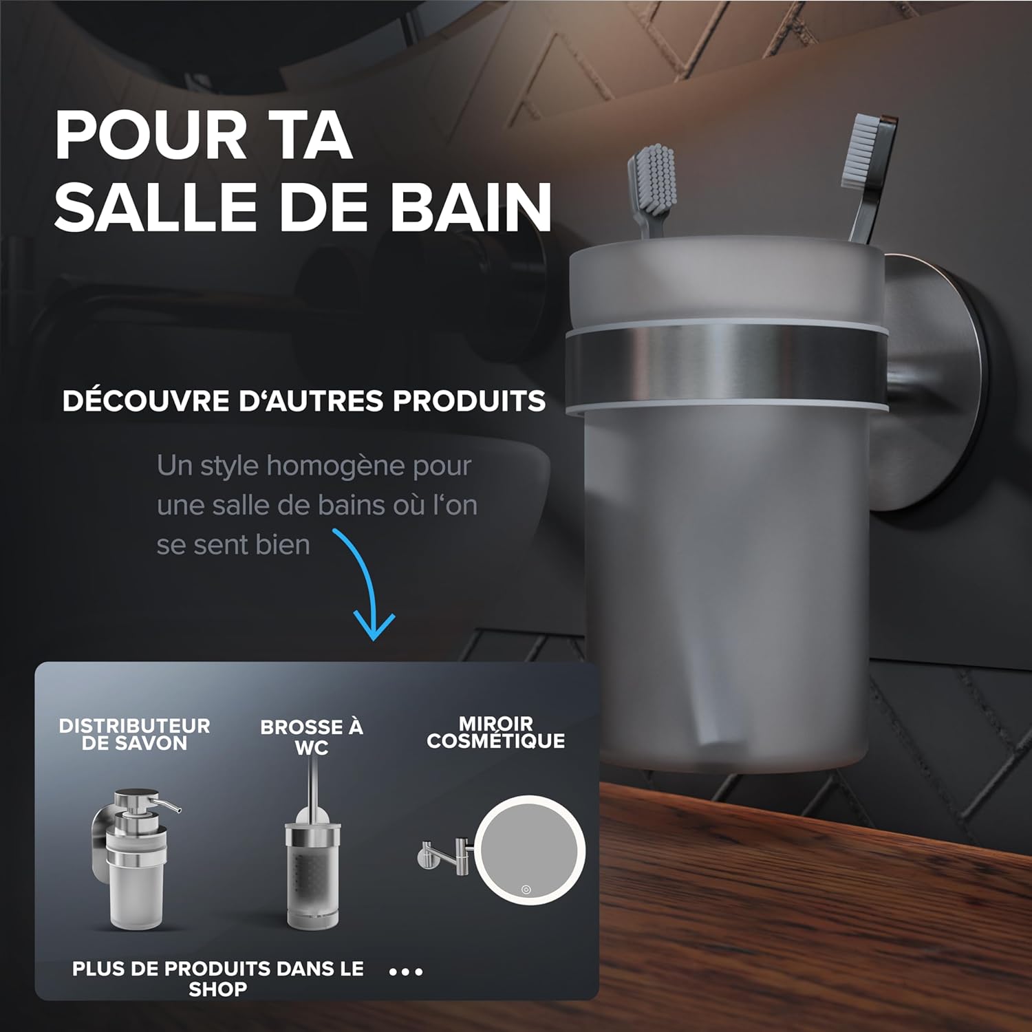 Thumbnail 6 de ovimar Keldsnor Gobelet à brosse à dents – Argenté, sans perçage, en verre et acier inoxydable