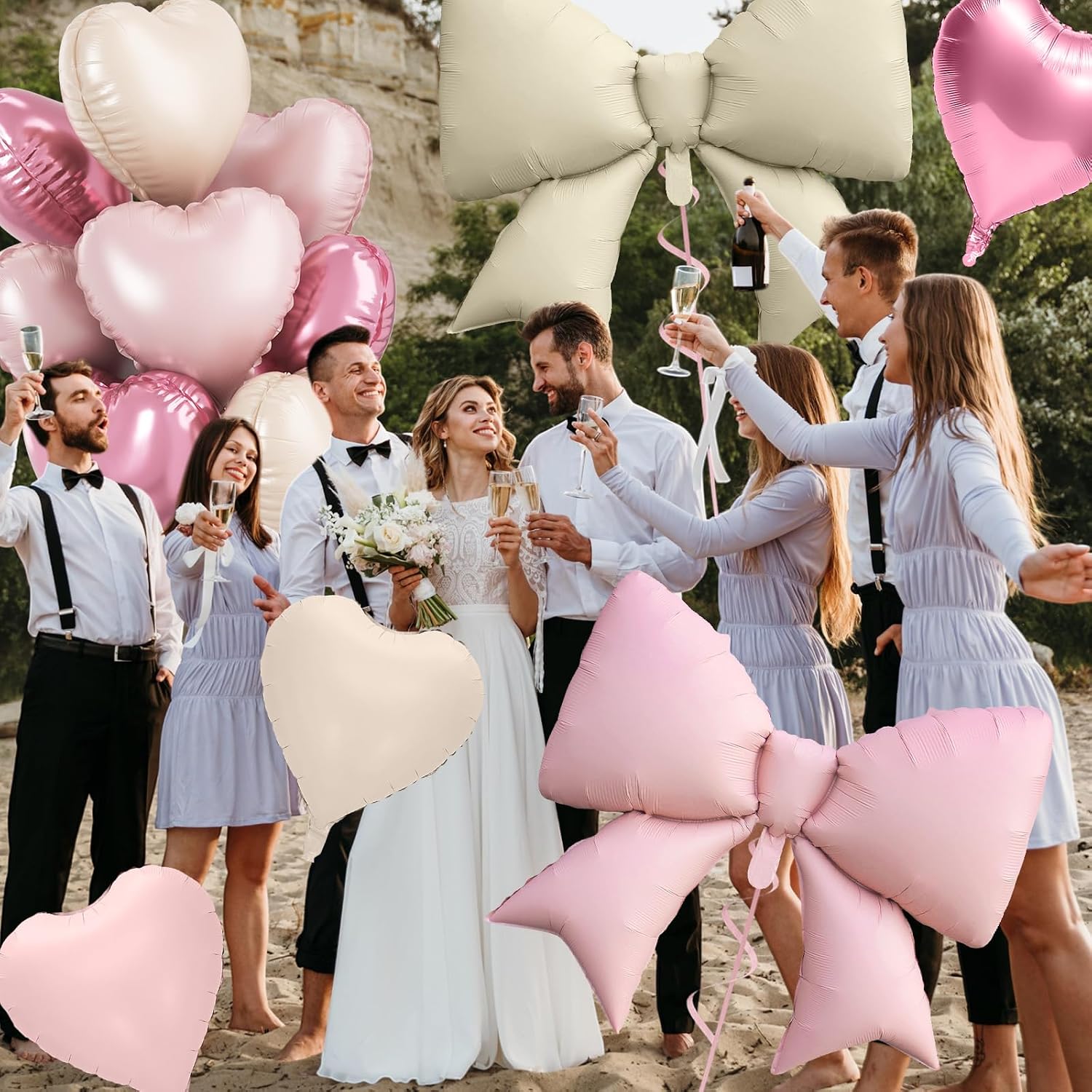 Thumbnail 3 de FunHot Pink White Heart Balloons & Cream Bow Foil Set (10 Pieces) for Birthdays, Valentine’s, and Weddings