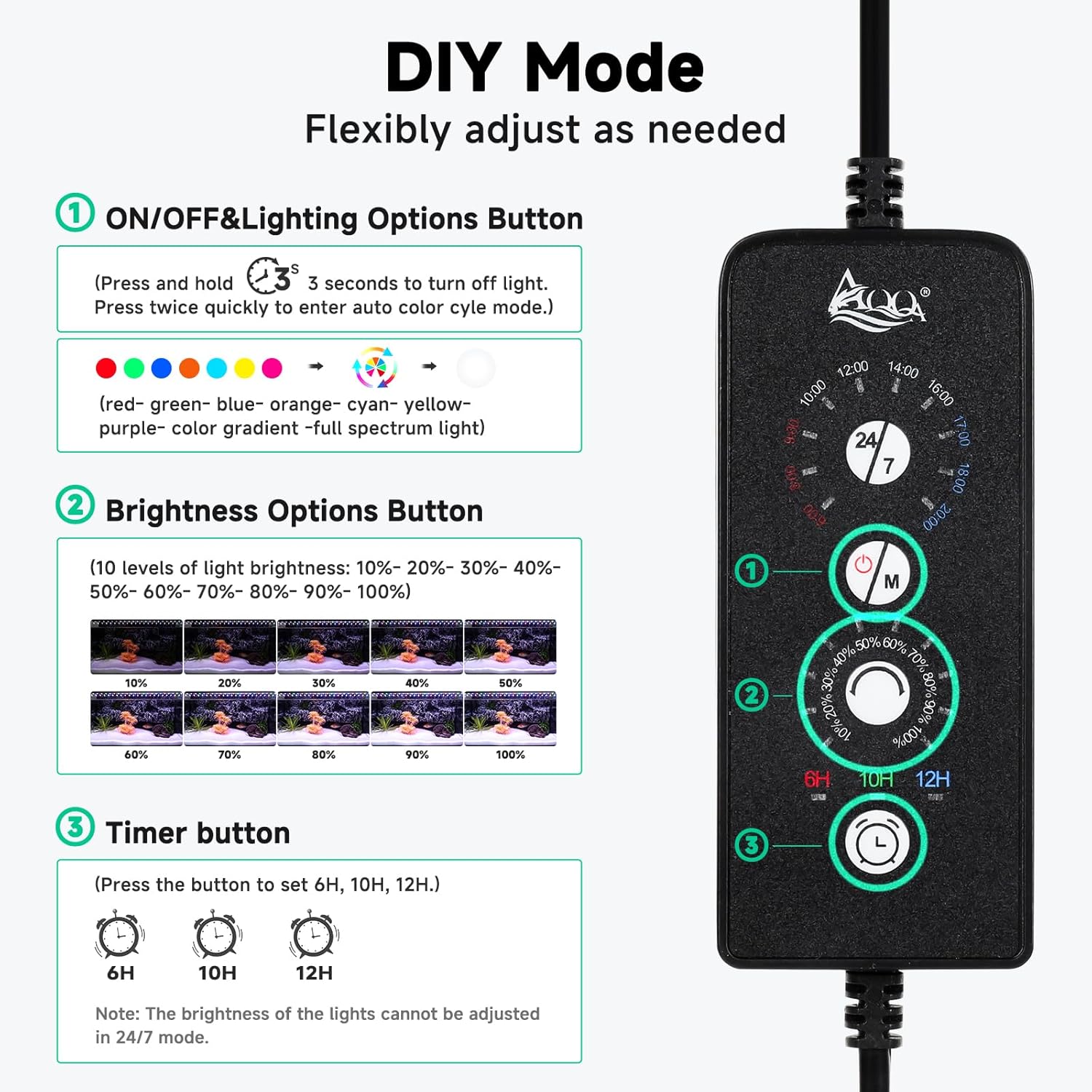 Detalle de AQQA LED Aquarium Light, 12W Full Spectrum with 24/7 Mode and Extendable Bracket