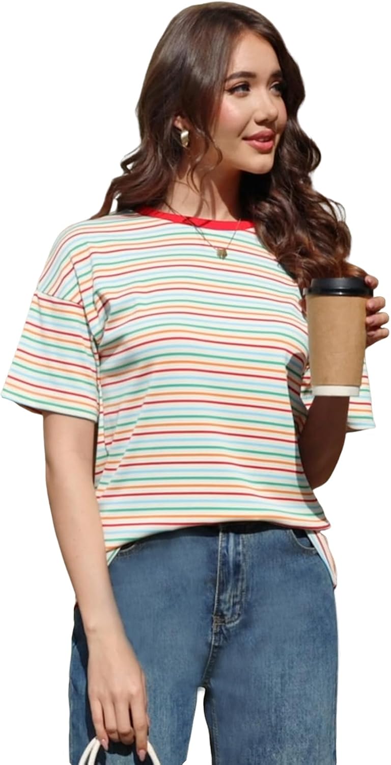 Detalle 2 de Cuptacc Damen Oversize T-Shirt mit Rundhals und Streifenmuster – Kurzarm-Tunika im Sommerlook