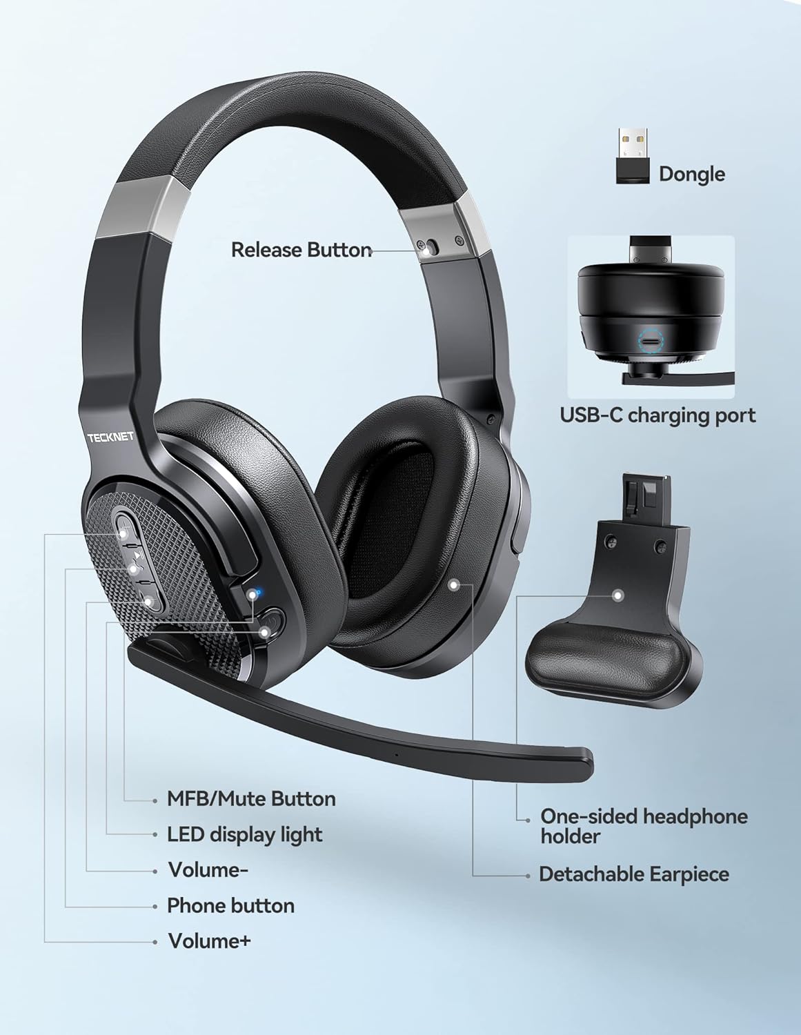 Thumbnail 4 de TECKNET TK-HS005 Bluetooth Trucker Headset 50Hrs