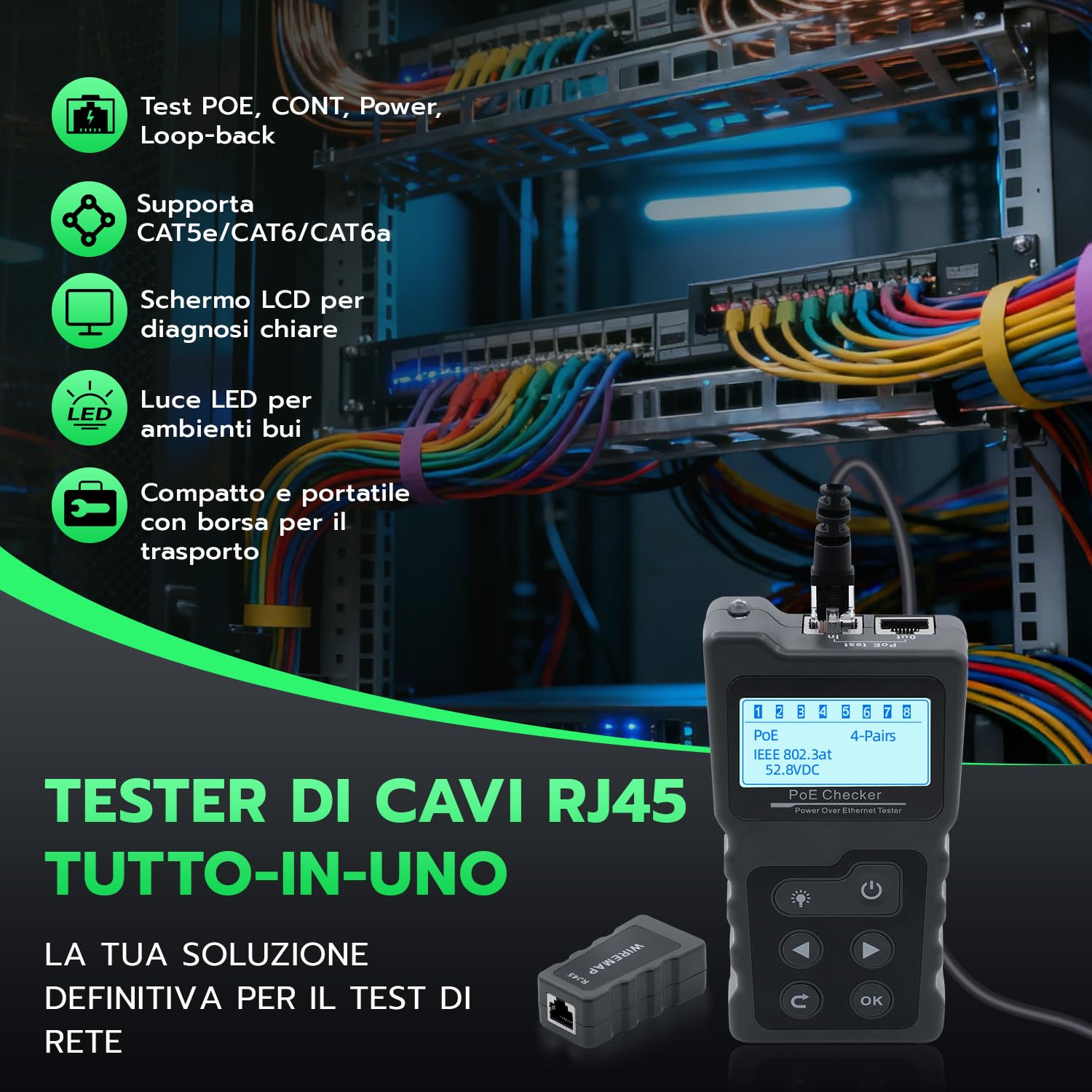 Detalle 2 de Tolesum Tester di Rete RJ45 con LCD e test PoE per individuare corto, incrocio e circuito aperto