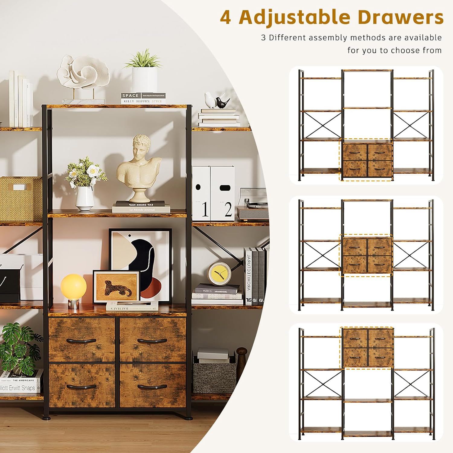 Thumbnail 4 de VERMESS Triple Bookshelf, 4-Tier 69-Inch Wide Shelf with Adjustable Drawers