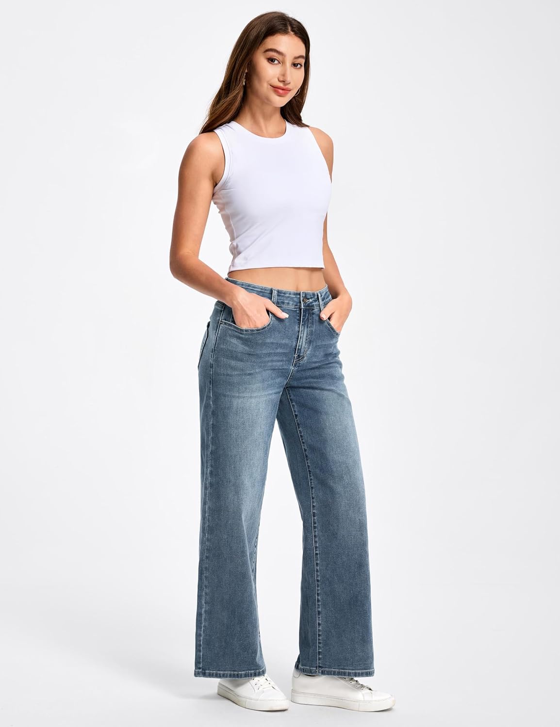 Thumbnail 6 de THE GYM PEOPLE Women's Baggy Jeans, Mid-Rise Wide Straight Leg Stretch Denim