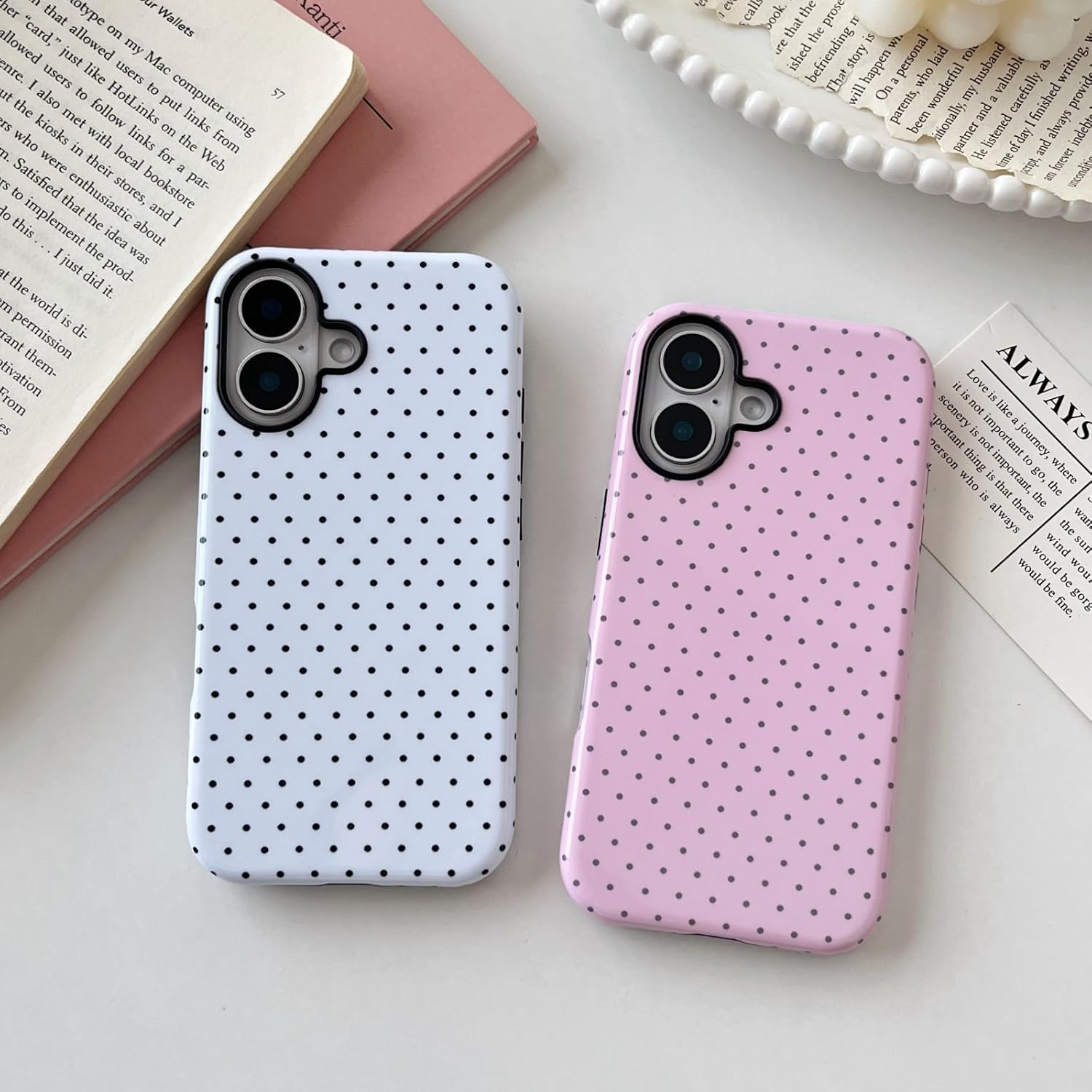 Detalle 2 de Longlayss DOT050 iPhone 16 Plus Case, Pink Polka-Dot Slim TPU and PC Cover