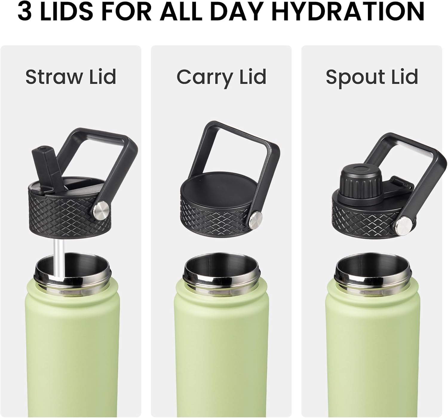 Thumbnail 3 de Konokyo 32 oz Insulated Water Bottle (Stainless Steel) with 3 Lids in Macaron Green