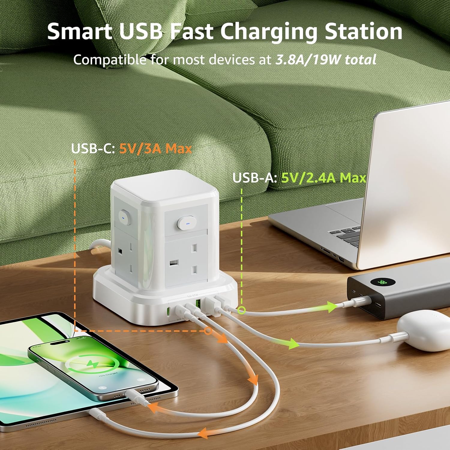 Thumbnail 2 de Cube Extension Lead with USB Slots: 4-Sided Tower Power Strip with 4 AC outlets and 6 USB ports