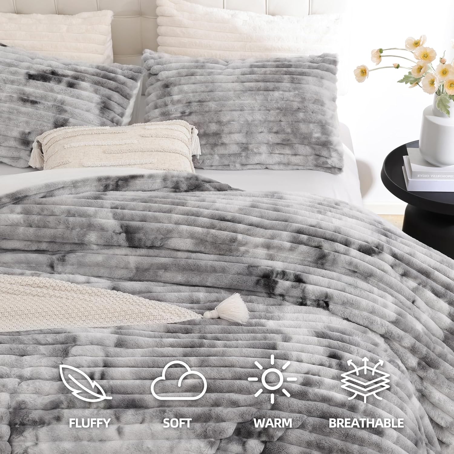 Detalle de Smoofy Fluffy King Size Comforter Set 3 Pieces — Tie-dye Grey Faux Fur, Ultra-Soft Micro-Mink & Flannel Dual-Sided Bedding
