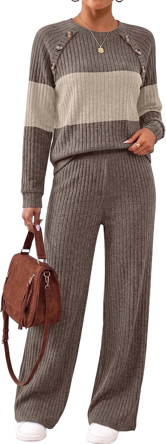 Detalle de WIHOLL Women's Ribbed Knit Lounge Set with Button-Shoulder Sweater