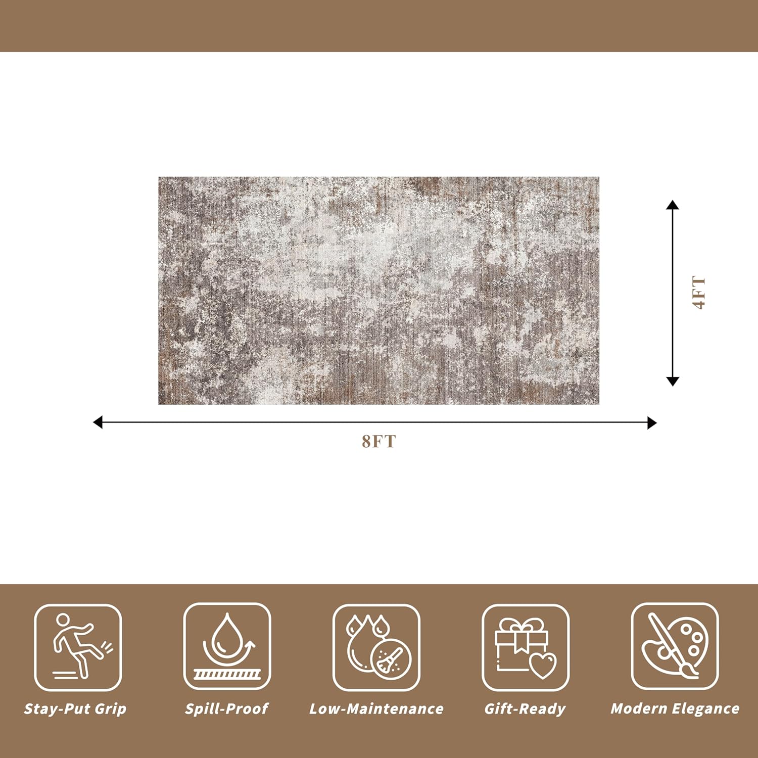 Thumbnail 1 de 4x8 Washable Indoor Entryway Rug with Non-Slip Rubber Backing (Brown Beige) — Modern Abstract Low-Pile Runner