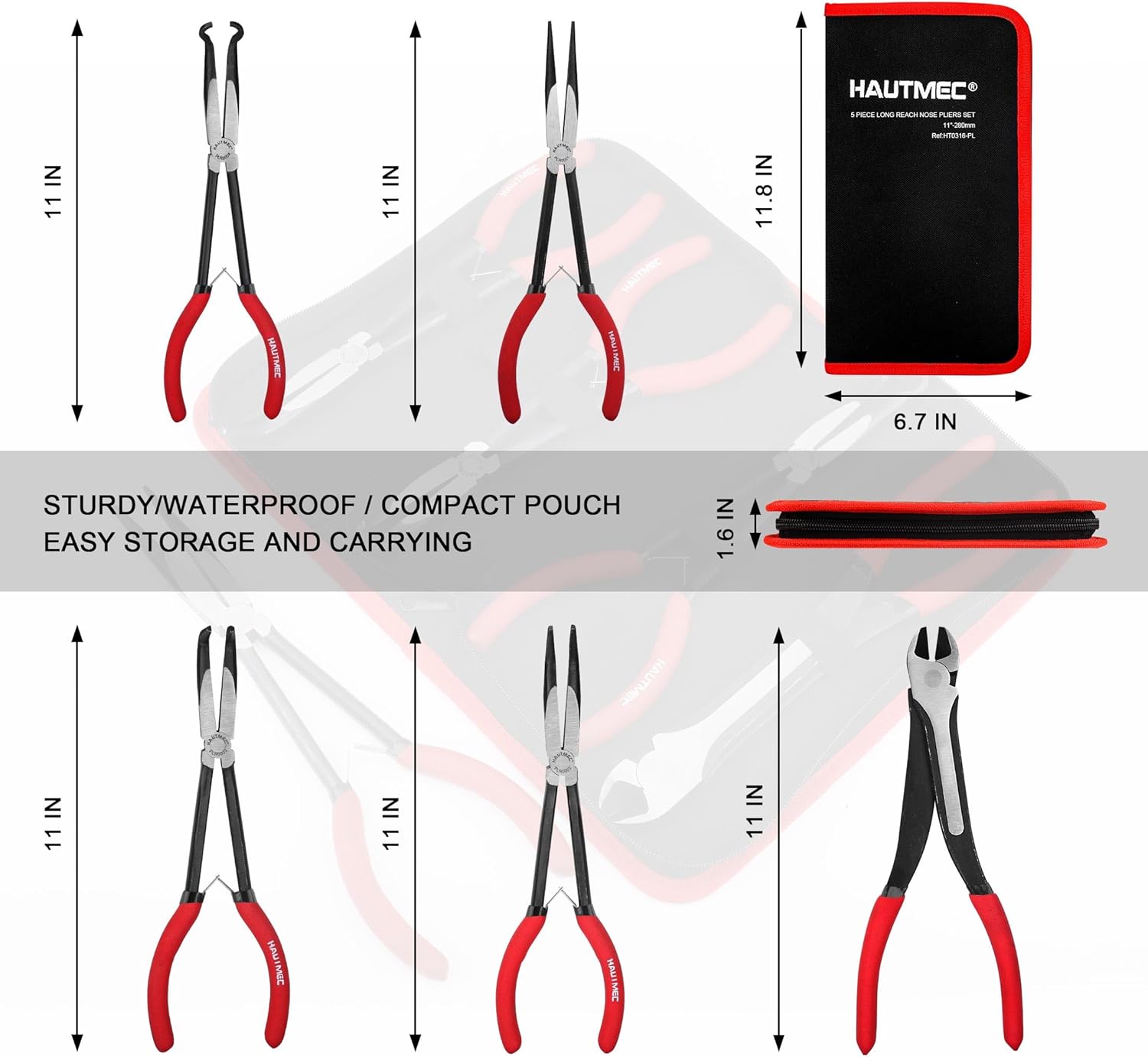 Detalle 2 de HAUTMEC 28 cm Spitzzange Lang & Spitzzange Gebogenes Set (5-tlg.) – Schwerlast-Verlängerungszangen mit Schlauchzange & Seitenschneider – Gerade, 45° & 90°