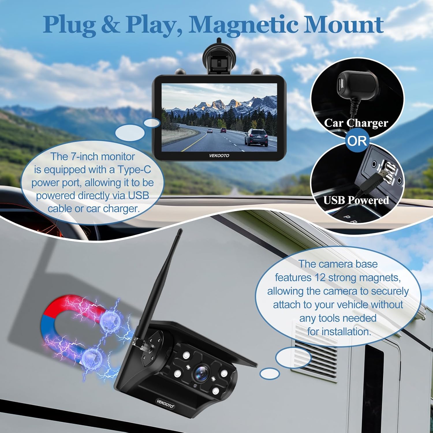 Thumbnail 1 de VEKOOTO VK7 7" solar wireless backup camera system