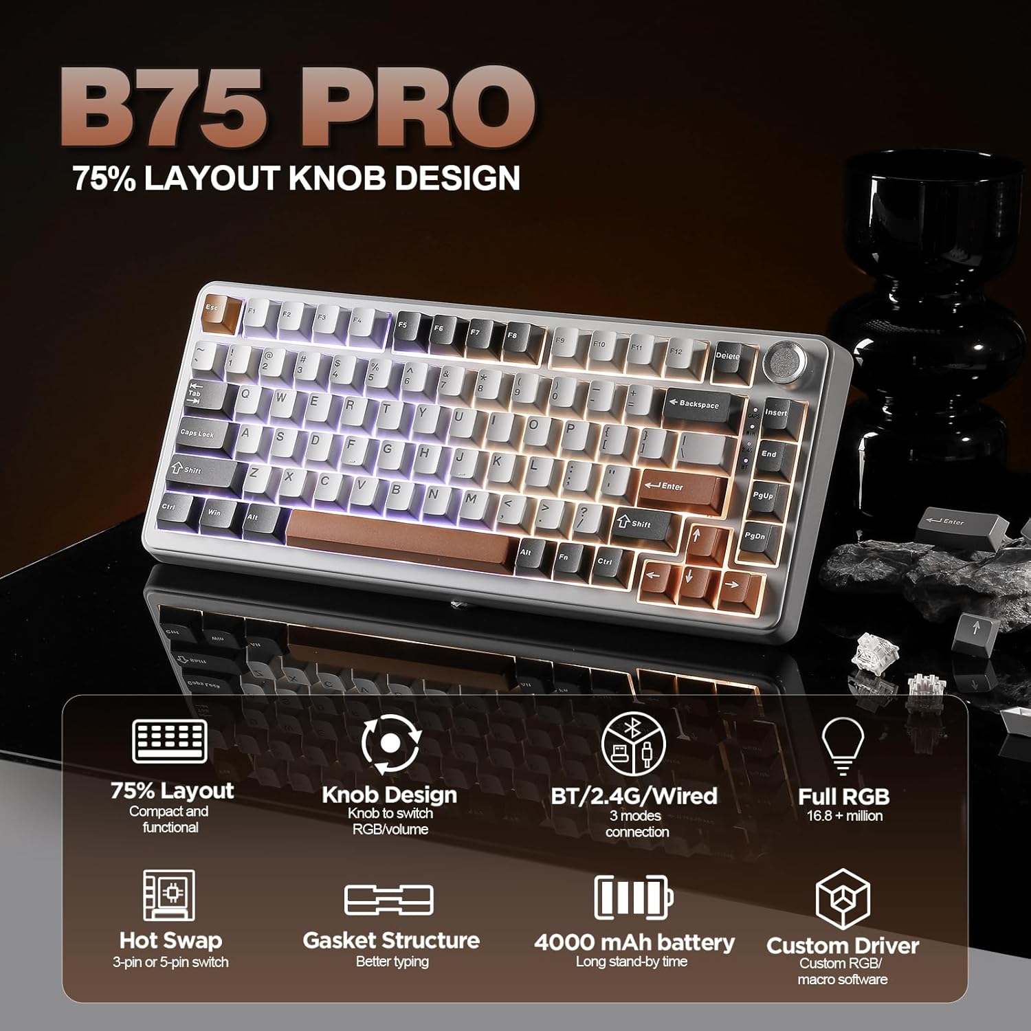 Thumbnail 1 de YUNZII B75 Pro drahtlose mechanische 75%-Tastatur (Hot-Swap, Knopf, Blue Grey, RGB) – Bluetooth/Typ-C/2.4G