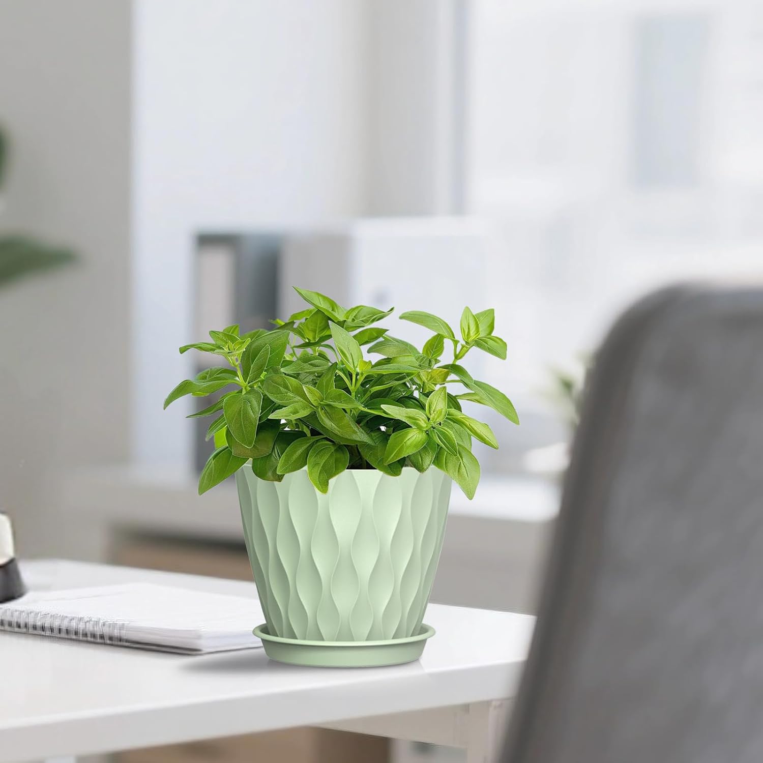 Thumbnail 6 de 12.5cm Plant Pots (6 Pack) – Light Green Plastic with Drainage Holes and Saucers