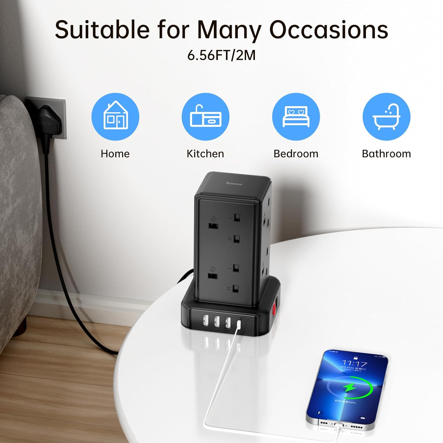 Thumbnail 6 de Tower Extension Lead Surge Protector with 8 AC Outlets, 4 USB Ports and Switch (13A/3250W) – 2m