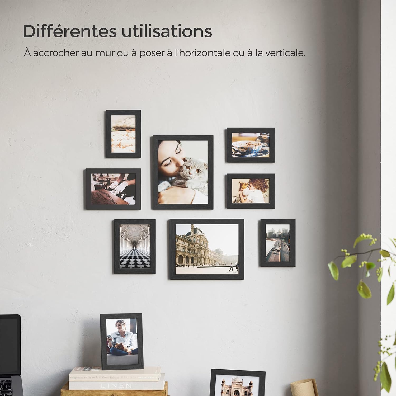 Detalle de SONGMICS cadres photo noir d’encre RPF310H – lot de 10 (20 x 25 cm, 13 x 18 cm, 10 x 15 cm) en MDF