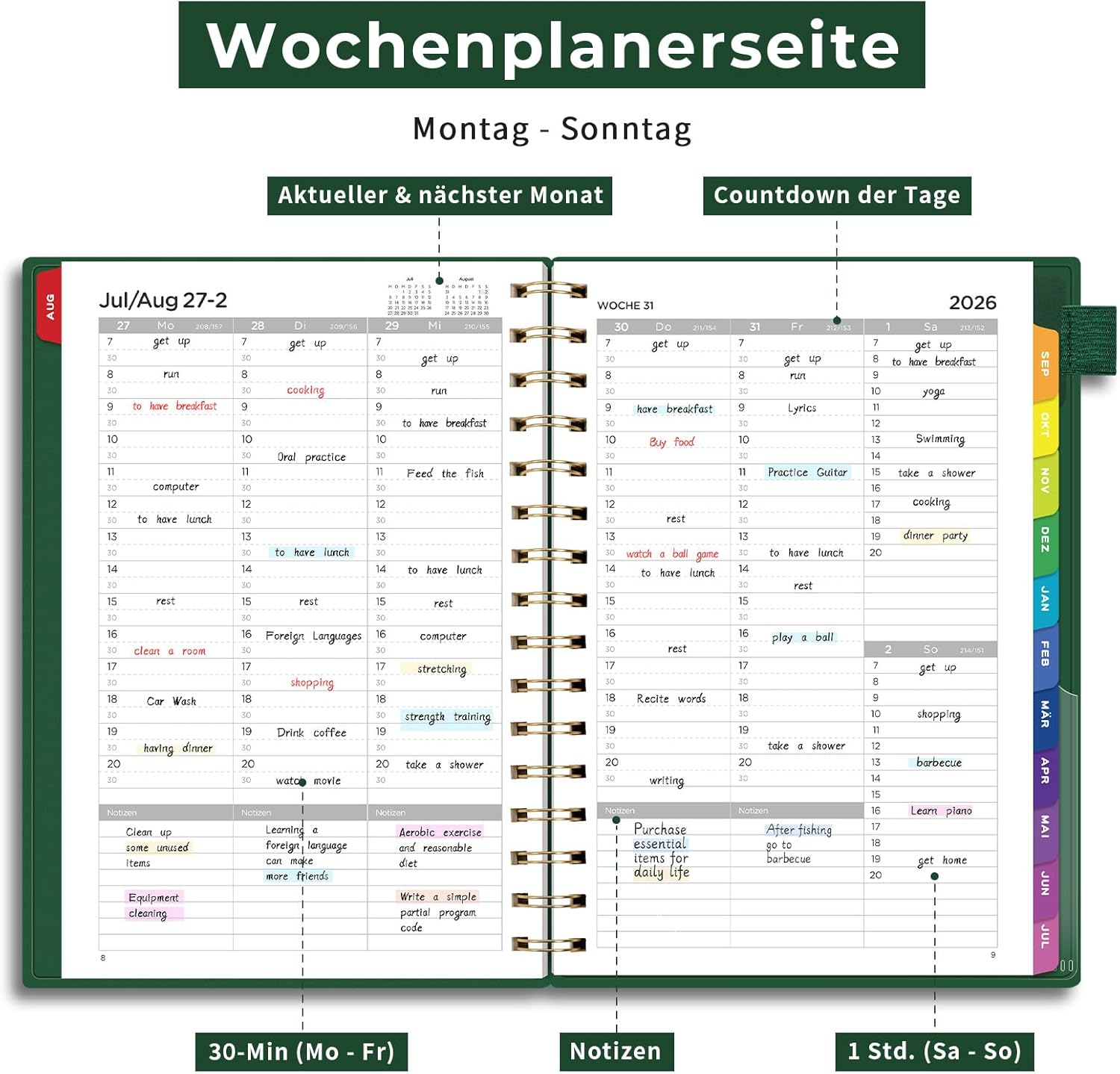 Thumbnail 1 de EMSHOI Kalender 2026/2027 A5 Terminplaner mit 30-Min-Intervallen (Wochenansicht) – Dunkelgrün