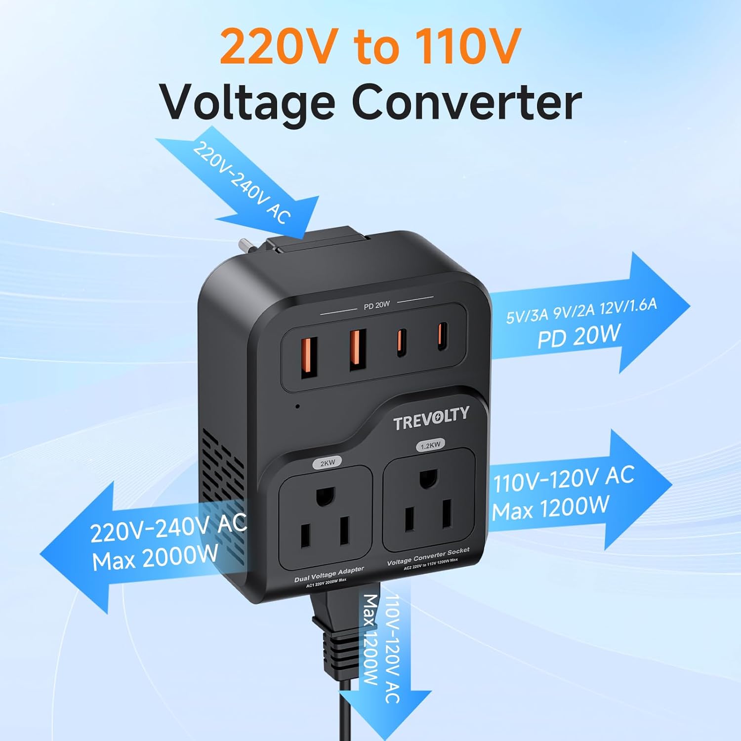 Detalle de 2000W US-to-Europe Voltage Converter & 7-in-1 Travel Adapter